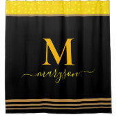 シックなスクリプト名&モノグラムエレガント、ブラック&金ゴールド シャワーカーテン (正面)