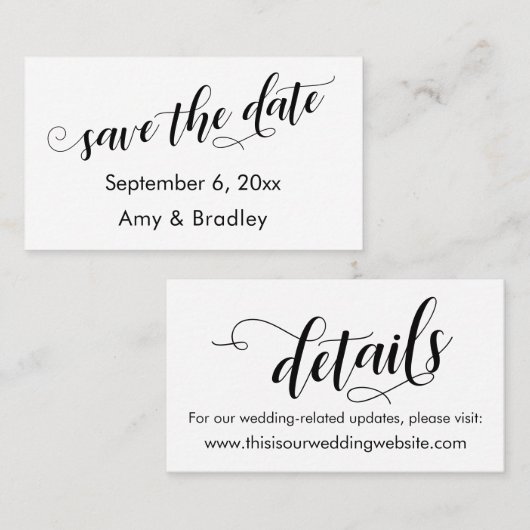 シックなスクリプト日付と結婚の詳細カードの保存 名刺 (正面/裏面)