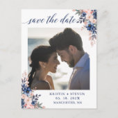 シックなスクリプト海軍ピーチフローラ写真の保存日付 ポストカード (正面)