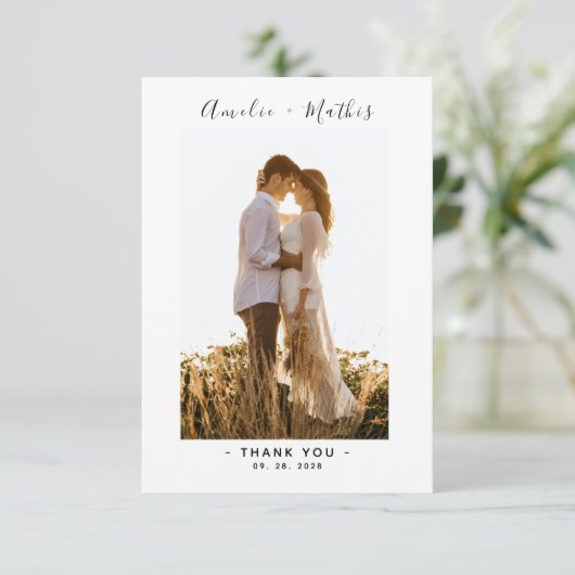 シックなスクリプト結婚フォトのサンキューカード サンキューカード (スタンド正面)