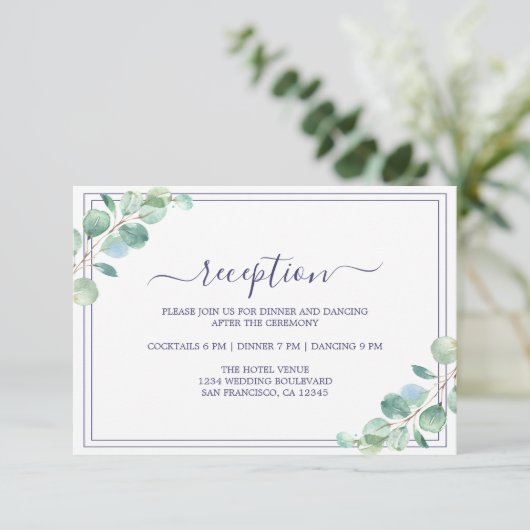 シックなスクリプト緑の葉のウェディングレセプション エンクロージャーカード (スタンド正面)