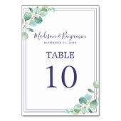 シックなスクリプト緑の葉ネイビーブルー縁ど結婚ズ テーブルナンバー (裏面)