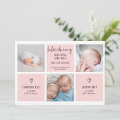 シックなスクリプト3 photo collageピンクのベビーツインズ誕生 案内状 (スタンド正面)