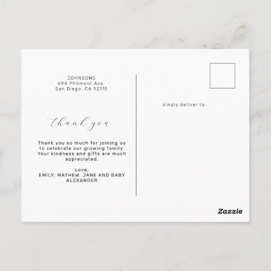 シックなスクリプト4フォトコラージュ赤ちゃんシャワーありがとう ポストカード (裏面)