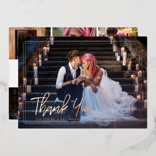 シックなスクリプト |フォトコラージュ結婚の感謝 箔招待状 (正面/裏面)