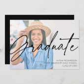 シックなスクリプトH写真卒業パーティブラック 招待状 (正面/裏面)