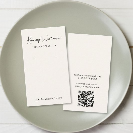 シックなスクリプトQRコードクリームイヤリングディスプレイカード 名刺