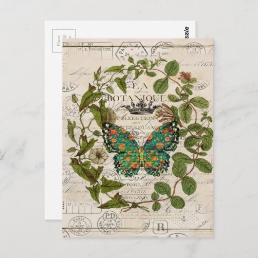 シックなスクリプフランスのトの植物蝶 ポストカード (正面/裏面)