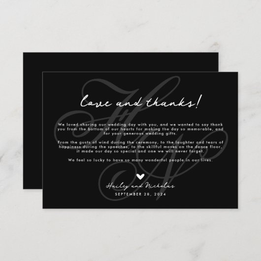 シックなスクリプ感謝していトの愛とハート結婚の サンキューカード (正面/裏面)
