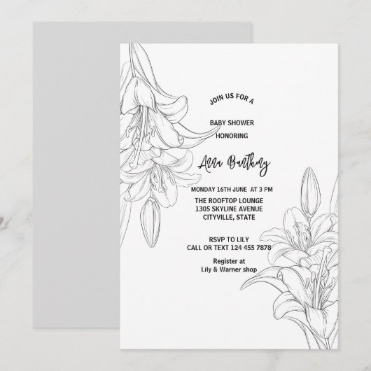 シックなスケッチラインスケッチリリーフローラベビースシャワー 招待状 (正面/裏面)