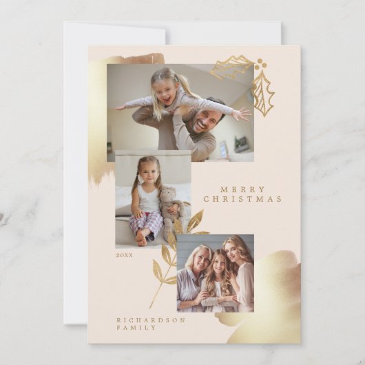 シックなスタイリッシュ金ゴールドと赤面ピンクの葉の写真 シーズンカード (正面)