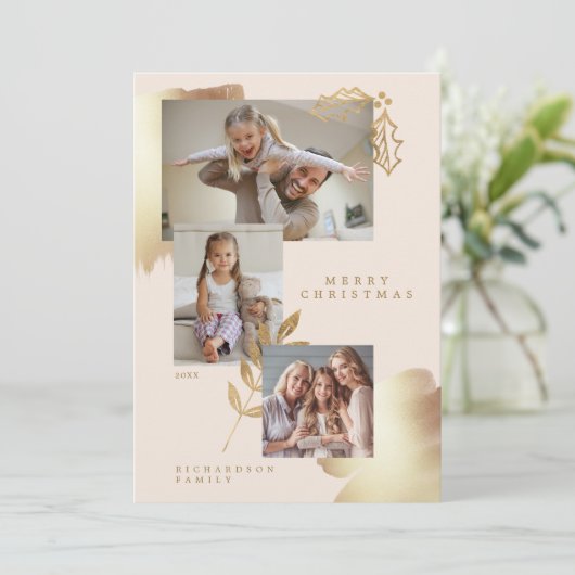 シックなスタイリッシュ金ゴールドと赤面ピンクの葉の写真 シーズンカード (スタンド正面)