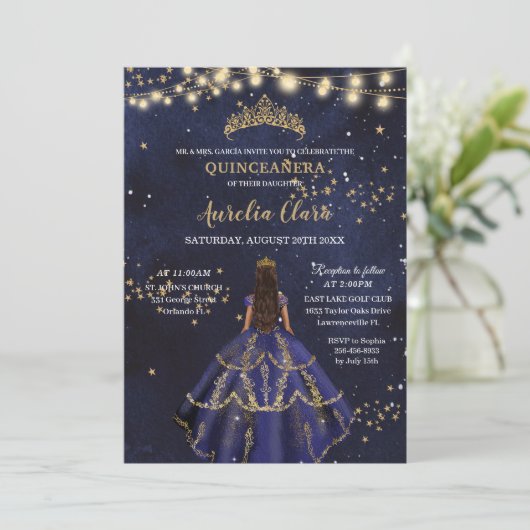 シックなスターリーナイトネイビーブルードレス金ゴールドキンセアニラ 招待状 (スタンド正面)