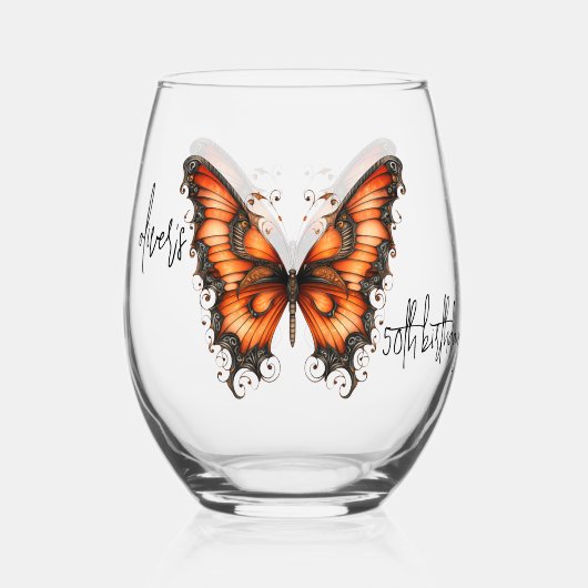 シックなスチームパンク工業用ビクトリアン蝶 ステムなしワイングラス (正面)