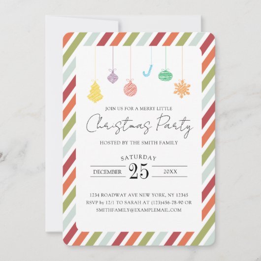 シックなストライプクリスマス&クリスマスオーナメントクリスマスパーティー シーズンカード (正面)