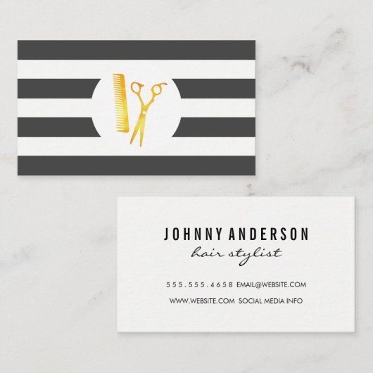 シックなストライプパターンゴールデンハサミ櫛 名刺 (正面/裏面)