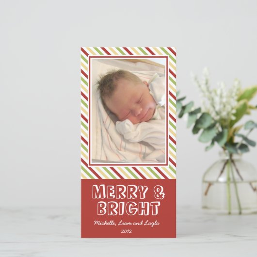 シックなストライプメリークリスマスの家族の写真 シーズンカード (スタンド正面)
