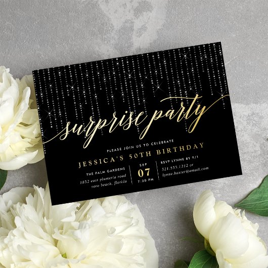 シックなストリングライトサプライズパーティー 箔招待状
