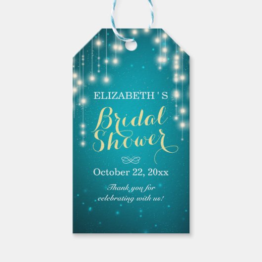 シックなストリングライトターコイズグリッターブライダルシャワー ギフトタグ (正面)