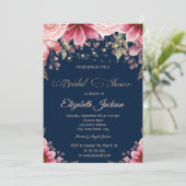 シックなストリングライトフローラネイビーブルーブライダルシャワー 招待状 (スタンド正面)