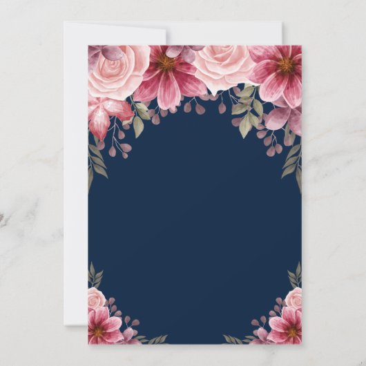 シックなストリングライトフローラネイビーブルーブライダルシャワー 招待状 (裏面)