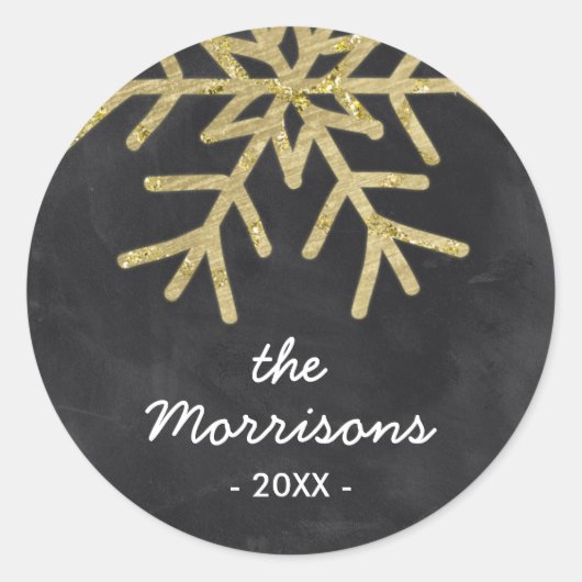 シックなスノーフレーク |金フェイク箔ホリデー ラウンドシール (正面)