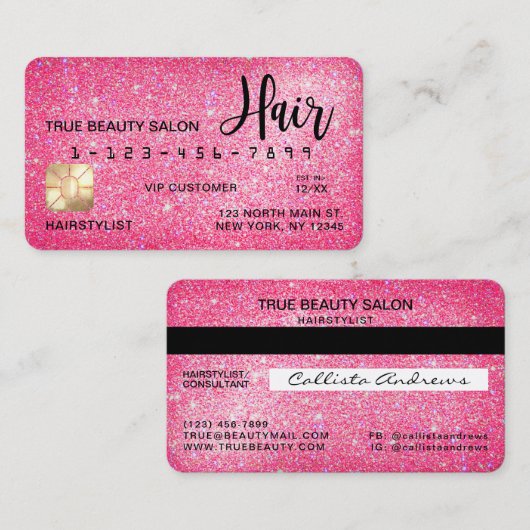 シックなスパークリネオンピンクグリッタークレジットカードヘア 名刺 (正面/裏面)