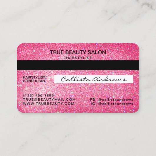 シックなスパークリネオンピンクグリッタークレジットカードヘア 名刺 (裏面)