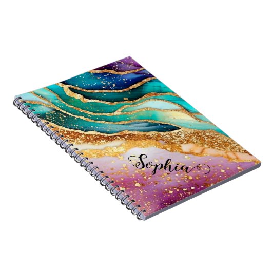 シックなスパークリーグリッターゴールデンレインボインアゲートグラマー ノートブック (右側)
