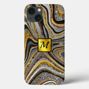 シックなスパークルグリッター大理石アートグレー金ゴールドモノグラム iPhone 13ケース