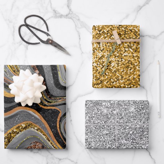 シックなスパークルグリッター大理石アートグレー金ゴールド ラッピングペーパーシート (正面)
