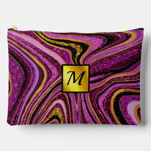 シックなスパークルグリッター大理石アートピンク金ゴールドモノグラム アクセサリーポーチ (正面)
