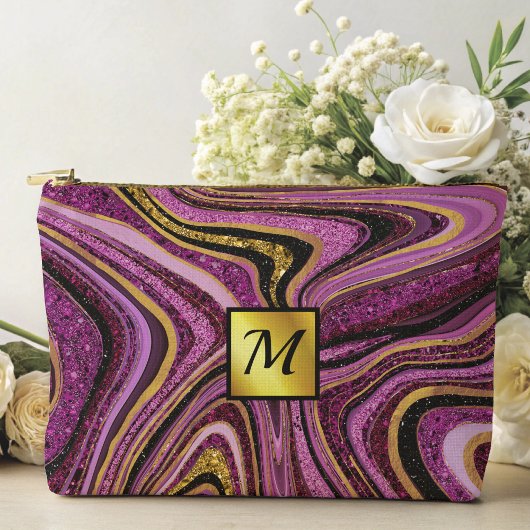 シックなスパークルグリッター大理石アートピンク金ゴールドモノグラム アクセサリーポーチ