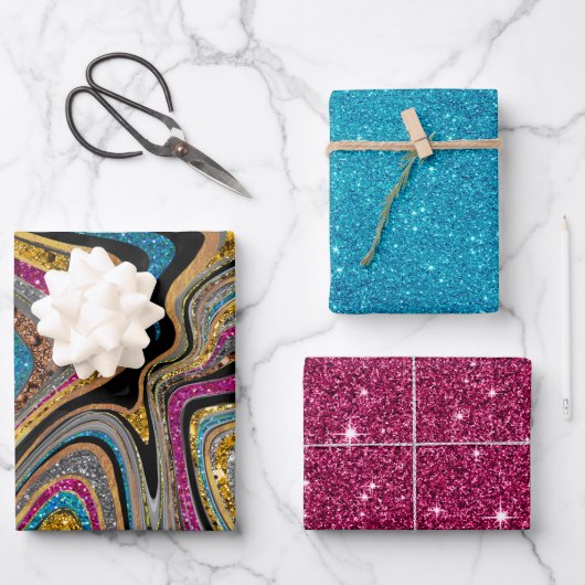 シックなスパークルグリッター大理石アートブルーピンク ラッピングペーパーシート (正面)