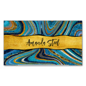 シックなスパークルグリッター大理石アートブルー金ゴールドモノグラム マグネット名刺 (正面)