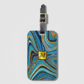 シックなスパークルグリッター大理石アートブルー金ゴールドモノグラム ラゲッジタグ (正面縦)