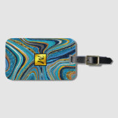 シックなスパークルグリッター大理石アートブルー金ゴールドモノグラム ラゲッジタグ (正面横)