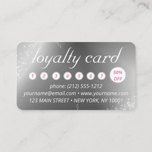 シックなスパークルピンクのメイクアップと髪のロイヤリティカード 名刺 (裏面)
