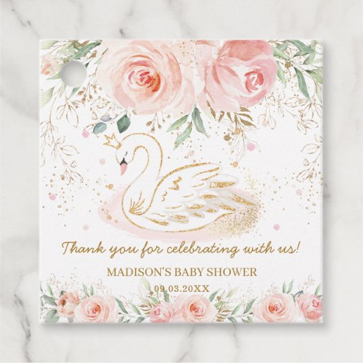 シックなスワン赤面ピンクフローラベビーシャワー誕生日 フェイバータグ (正面)