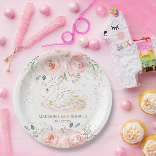 シックなスワン赤面ピンクフローラベビーシャワー誕生日 ペーパープレート (パーティー)