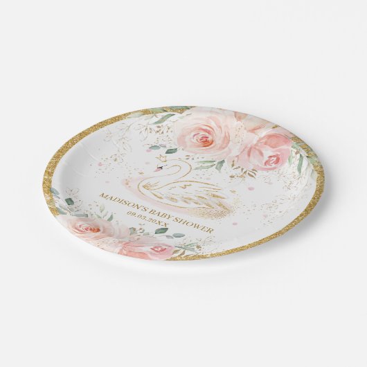 シックなスワン赤面ピンクフローラベビーシャワー誕生日P ペーパープレート (アングル)