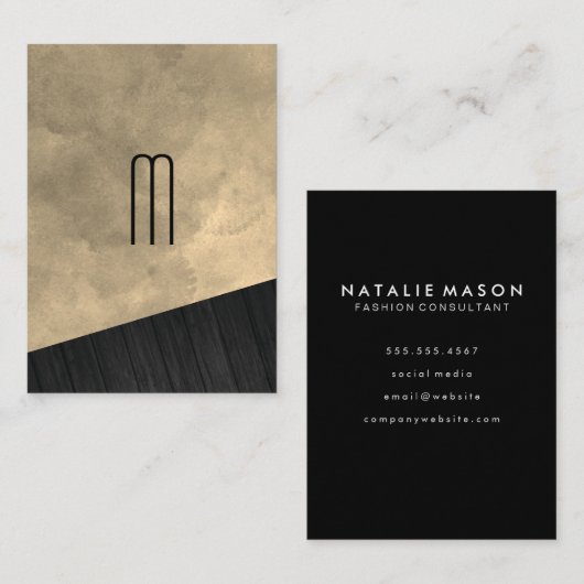 シックなセピアウォーターカラーウッドモノグラム 名刺 (正面/裏面)