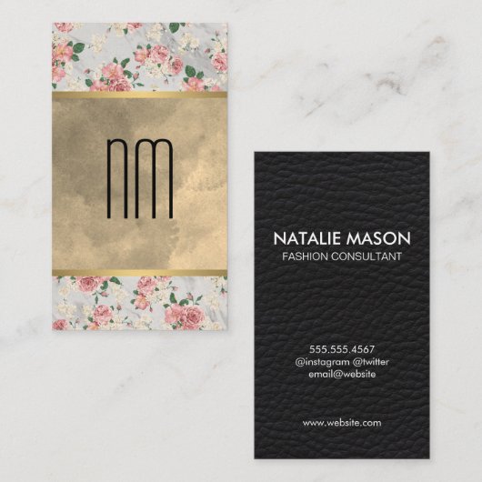 シックなセピアウォーターカラーモノグラム金ゴールドトリムフローラ 名刺 (正面/裏面)