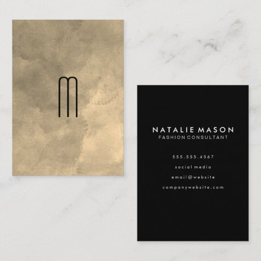 シックなセピアウォーターカラーモノグラム 名刺 (正面/裏面)