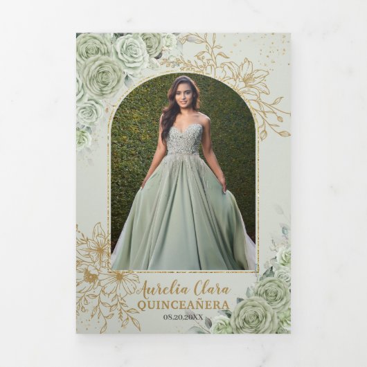 シックなセージグリーンの花柄バタフライデザインのキンセアニエラ 三つ折り招待状 (カバー)