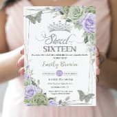 シックなセージグリーンパープルフローラ蝶スウィート16 招待状