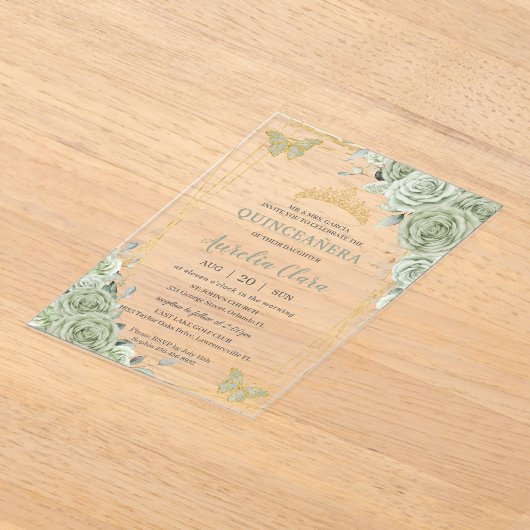 シックなセージグリーンフローラ蝶キンセアニラ アクリル招待状 (レイダウン)