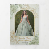 シックなセージグリーンフローラ蝶キンセアニラ 三つ折り招待状 (カバー)