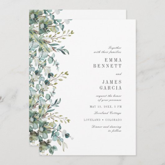 シックなセージ水の色ユーカリ結婚グリーンリーI 招待状 (正面/裏面)