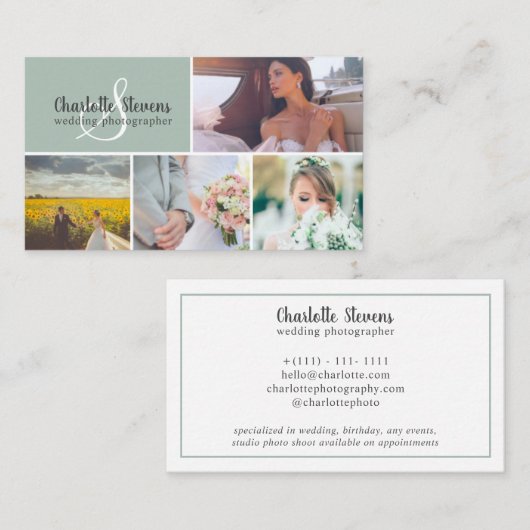 シックなセージ結婚グリーンの写真家コラージュ 名刺 (正面/裏面)